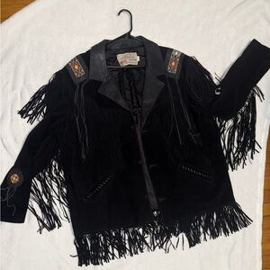 Native American Lariat Black Leather Jacket Embroidery and Fringe